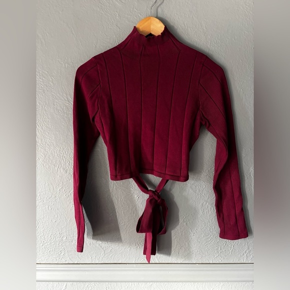 Windsor | ribbed | mock neck | open back | tie | burgundy | crop | top | L - Picture 1 of 9